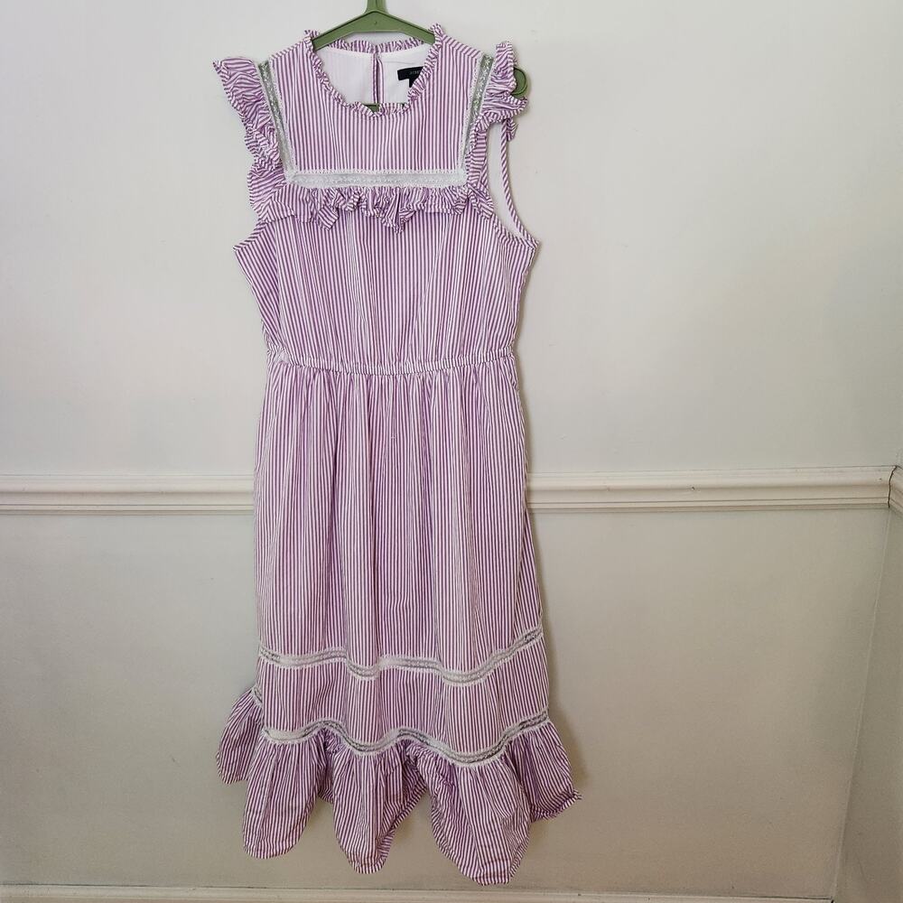 J Crew Midi Dress Sz Small Womens Tiered Ruffle Rustic Plum Stripe Cottagecore